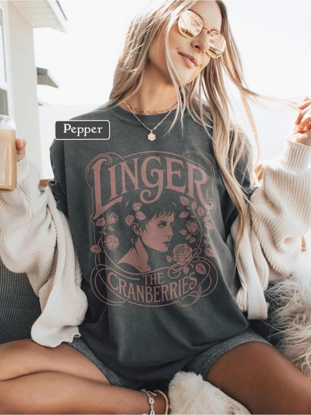 Linger The Cranberries Graphic Sweater - Pepper with Dusty Rose Print